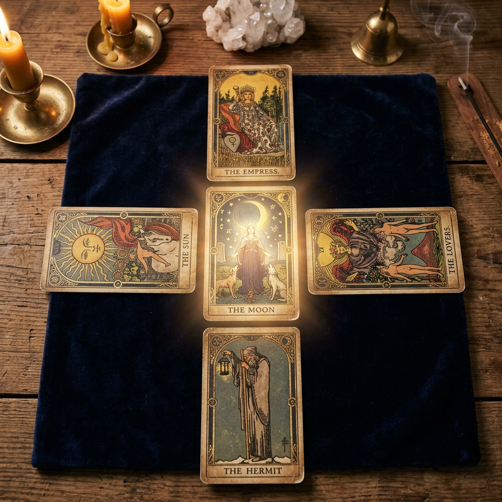 Tirage en croix oracle Belline — 5 positions expliquées