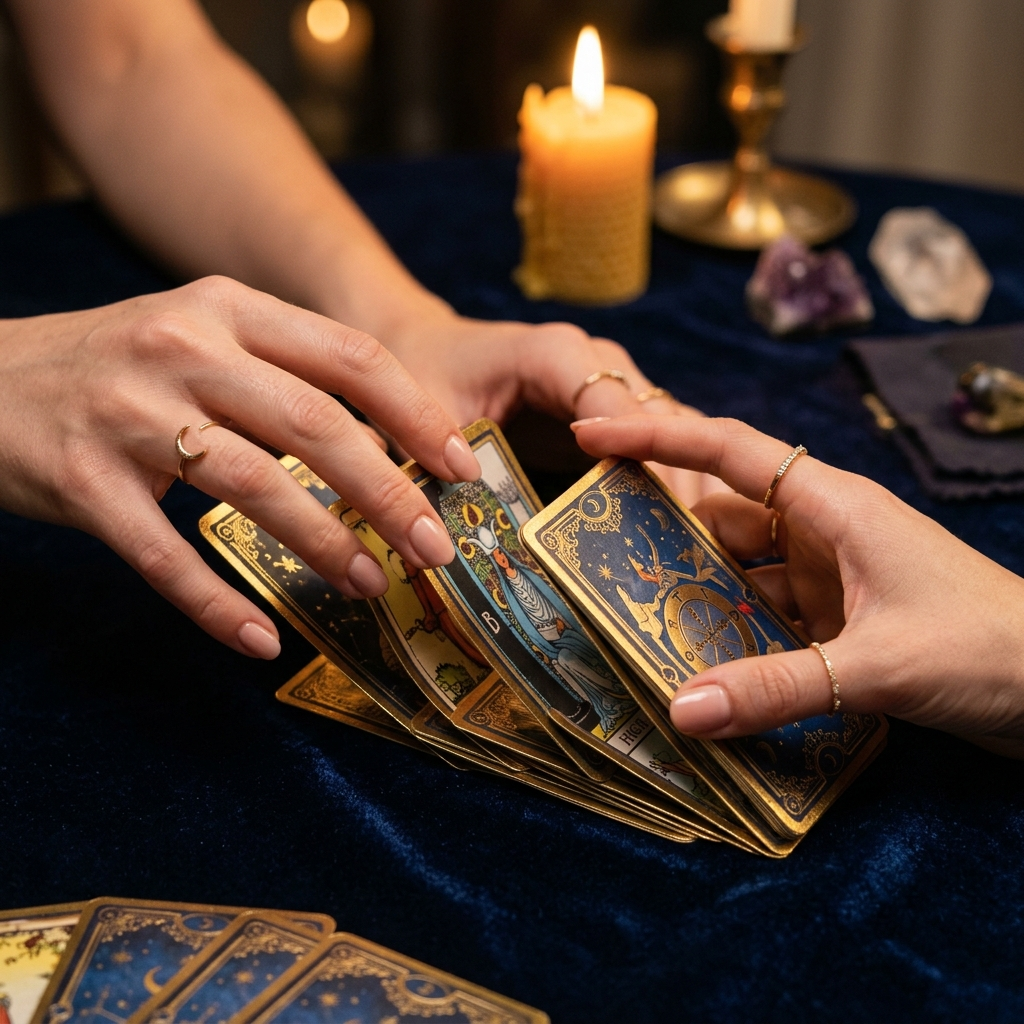 Mains mélangeant les cartes de l'oracle Belline